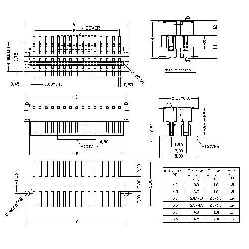 0.8mm Board to board connector, Male,double groove, mating height=4.0~6.5mm BB0.8M-XXXX02
